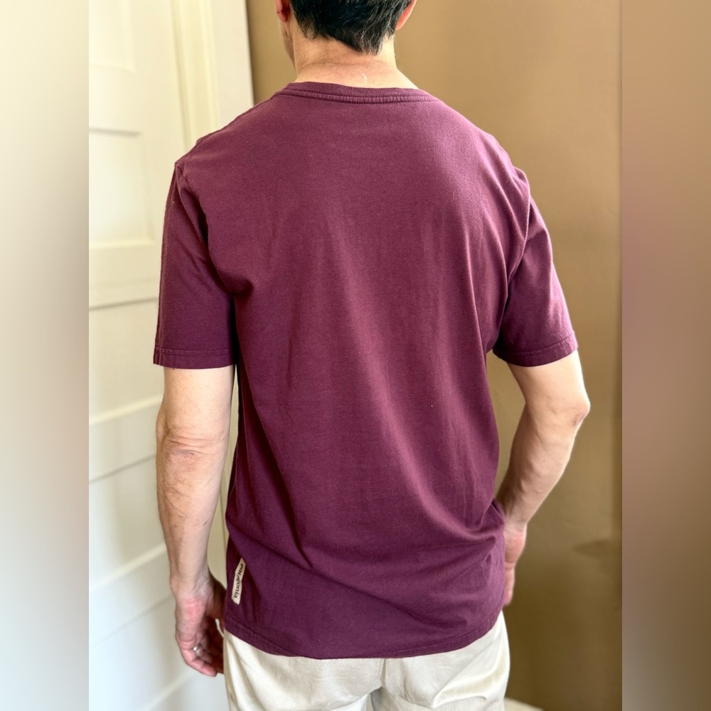 Patagonia Organic Cotton Purple Maroon Tee with Guitar and LIVE SIMPLY graphic - Picture 4 of 7